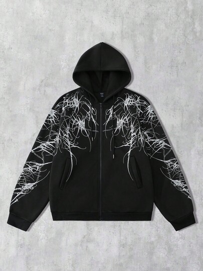 Street Life Cárdigan con capucha negro con estampado de líneas y cadenas góticas, ropa de calle de moda para hombres jóvenes, uso diario casual, otoño e invierno