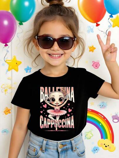 SHEIN Playful Pals T-shirt med kort ärm och tecknad balettflicka och färgglad bokstavsslogan för flickor, sommar
