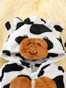 SHEIN Baby Girl Cute Cow Plush Jacket, Casual Outdoor Wear, Autumn/Winter Fall
