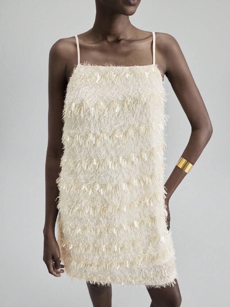 2025 Fluffy Sequin Mini Dress, Suitable For 5-15°C, Elegant For Daily Gatherings, Afternoon Tea, Apricot Color Commuter, Everyday Wear, Autumn, Versatile
