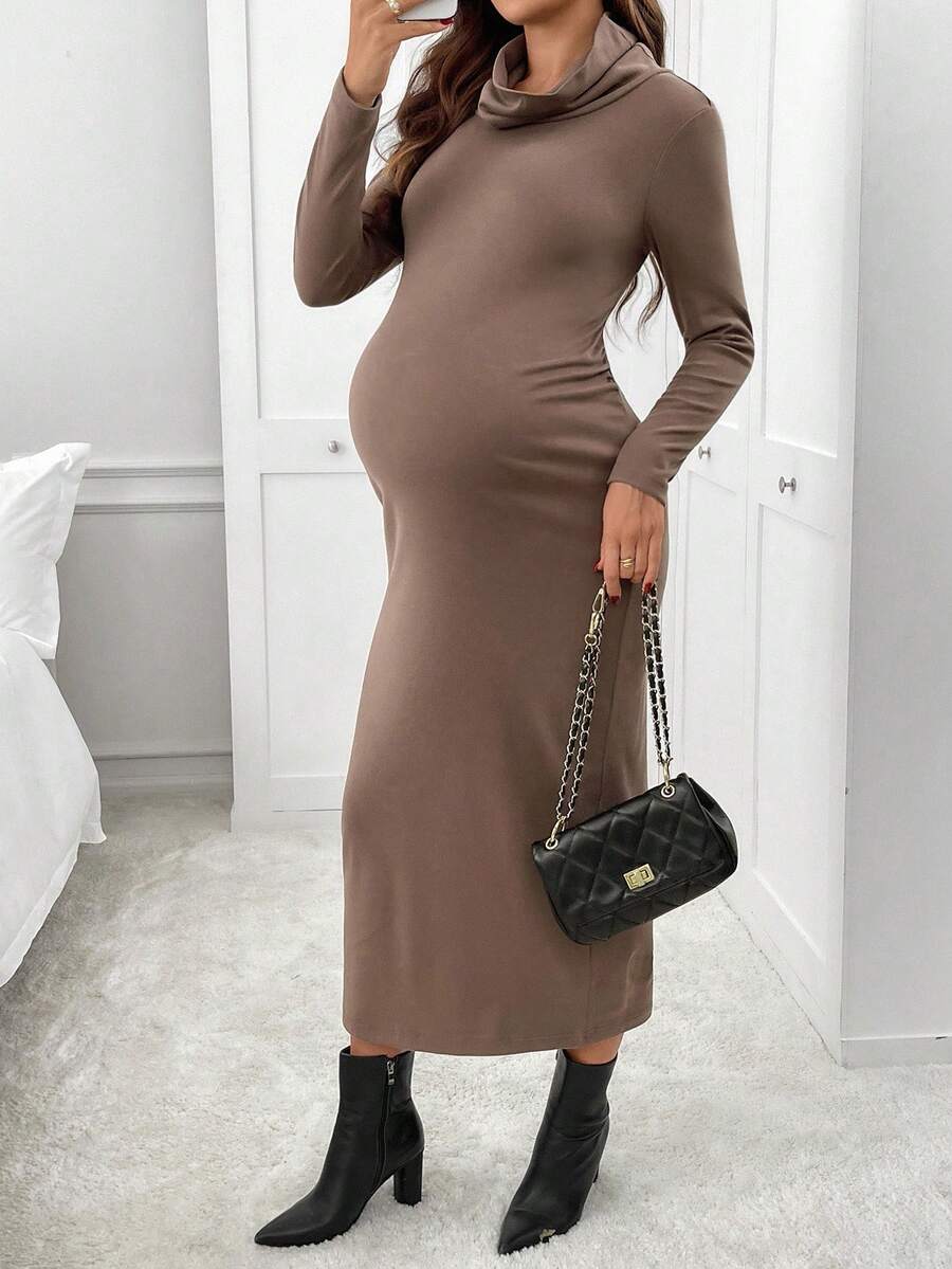 SHEIN Maternity Casual Commuter Solid Color Draped Neck Fitted Dress - Brown - View 1