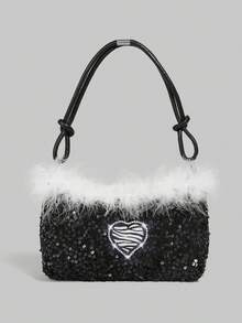 ROMWE Kawaii A Party-Style Hot Girl White Fringed Decorated Black Sequin Shoulder Bag, A Cool Girl Party Dinner Bag, Suitable As A Gift For Valentine's Day, Wedding Season, Birthday Or Festival, A Heart Decorated Party Underarm Bag - Multicolor - View 9