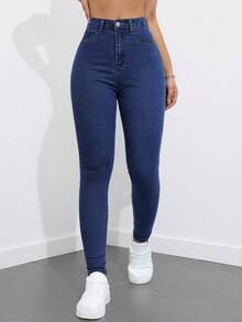 SHEIN ICON 大码女式街头休闲弹力舒适深蓝色牛仔紧身裤 - 深色水洗藍 - 查看 3