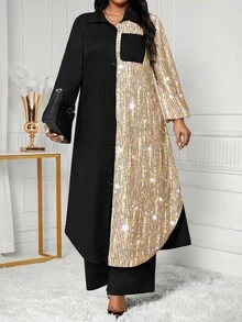 SHEIN Lady Áo sơ mi dệt cổ trụ màu xanh navy, giản dị, thanh lịch, công sở, tay dài, túi hộp, dài tay, cỡ lớn, mùa thu đông - Nhiều màu - Xem 5