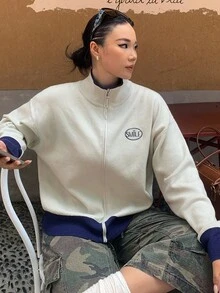 Dazy Plus Chaqueta de punto con cremallera y bloqueo de color con patrón bordado, informal y de talla grande para mujer, otoño/invierno - Albaricoque - Ver 6