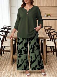 EMERY ROSE Conjunto de 2 piezas para mujer talla grande - Top casual y pantalones anchos con estampado floral vintage