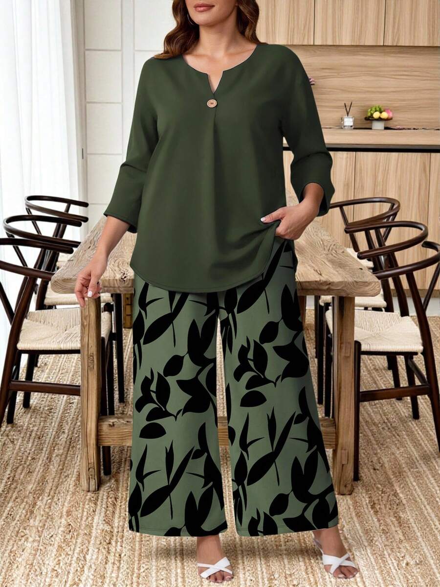 EMERY ROSE Conjunto de 2 piezas para mujer talla grande - Top casual y pantalones anchos con estampado floral vintage