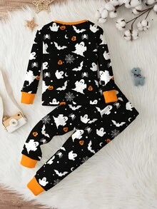 SHEIN Baby Boy Casual Minimalist Halloween Pumpkin & Ghost Cute Cartoon Snug Fit Round Neck Comfortable Long Sleeve Pants Homewear, Suitable For Autumn/Winter,Thermal Lined Fall - Multicolor - View 3