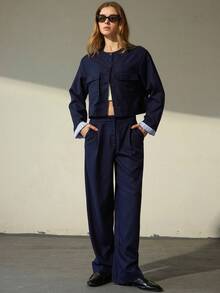 Aveloria Modichic 两件套亚麻混纺宽松舒适短西装裤 - 藏蓝色 - 查看 4