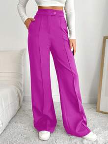 EURMUSE Women's Solid Color Seam Front Pocket Elegant Dress Pants - Red Violet - View 5