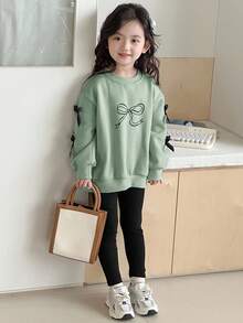 Dazy Kids 2pcs/Set Young Girls Round Neck Knit Bow Print Outfit - Green - View 5