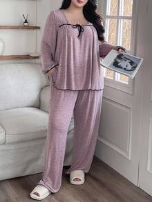 Dazy Plus 2pcs Plus Size Women Elegant Loose Fit Thickened Fleece Pajama Set, Autumn/Winter, Fall Winter Clothes, Cozy - Pink - View 5