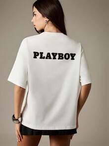 Missguided x Playboy 超大图案印花T恤，带有53个运动号码和文字短袖白色休闲上衣 - 白色 - 查看 2