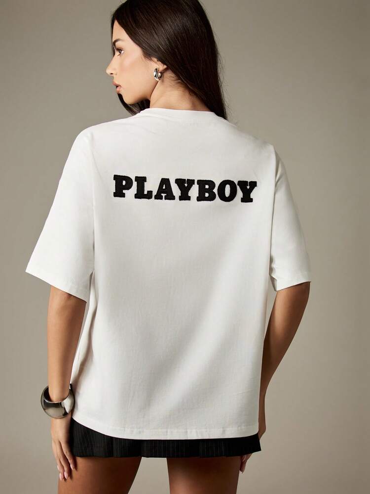Missguided x Playboy 53番 グラフィックプリント オーバーサイズTシャツ 半袖 ホワイト カジュアルトップス