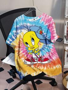 LOONEY TUNES X SHEIN Plus Size Tie-Dye Tweety Bird & Letter Graphic Casual Crew Neck Short Sleeve Tee, Summer Y2k