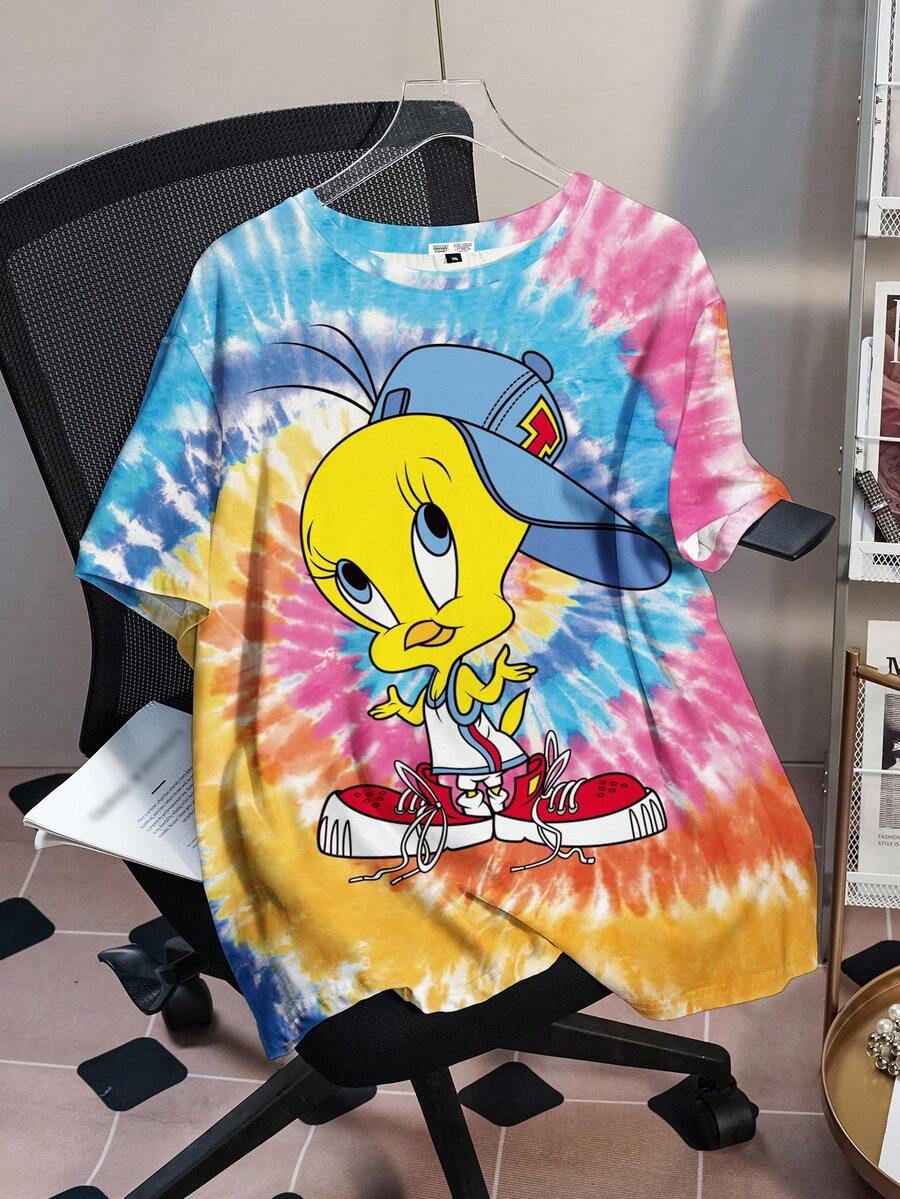 LOONEY TUNES X SHEIN Plus Size Tie-Dye Tweety Bird & Letter Graphic Casual Crew Neck Short Sleeve Tee, Summer Y2k