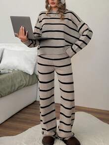 EURMUSE 女士条纹圆领落肩套头衫和毛衣裤套装