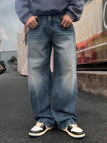 DAZY Men's Solid Color Washed Distressed Blue Jeans, Autumn - Blue - View 1