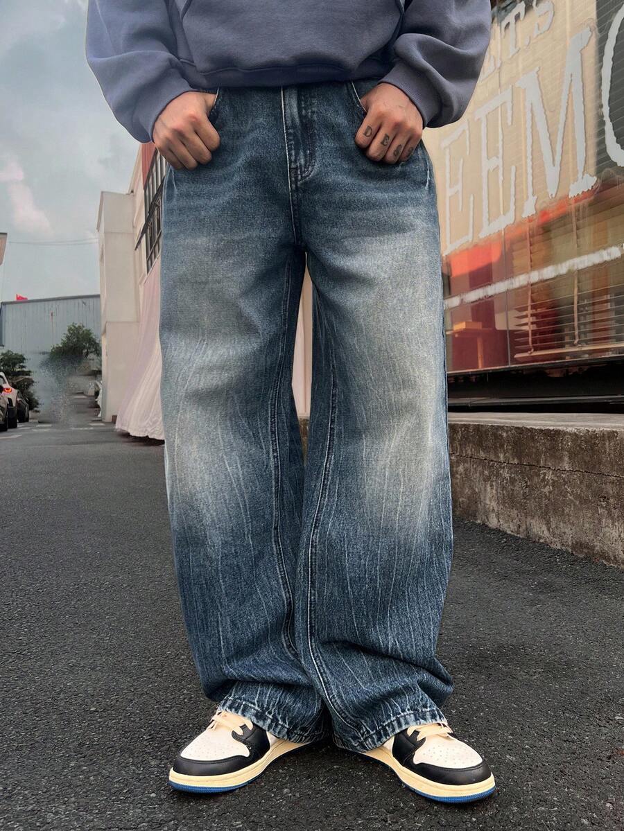 DAZY Men's Solid Color Washed Distressed Blue Jeans, Autumn - Blue - View 1