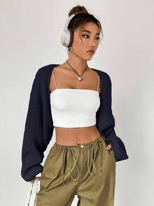 Flirla Women's Solid Color Drop Shoulder Long Sleeve Cropped Casual Cardigan, Autumn - Navy Blue - View 7
