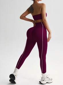 Slayform Conjunto de sujetador deportivo sin costuras y mallas a rayas blancas y moradas para mujer