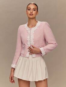 Enchnt Fall/Winter Romantic Women's Pastel Pink Tweed ROSE Embroidered Lace Decor Jacket With Pearl Buttons,Chic&Elegant&Fashionable For Vacation&Date&Holiday&Graduation&Wedding Guest&Office&Going Out&Halloween&Christmas,Back To School,Fall Jackets For Women,Autumn Clothes - Pink - View 5