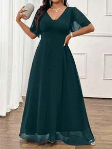 Cravure 优雅通勤休闲雪纺褶皱短袖中长连衣裙，喇叭下摆，百搭舒适面料，适合春夏秋季，黑色，加大码 - 墨綠色 - 查看 9