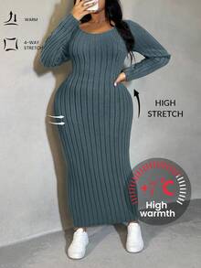SHEIN SXY Váy bó sát dệt kim gân màu xanh xám cỡ lớn dành cho nữ, Thu/Đông - Màu xanh bụi bặm - Xem 1
