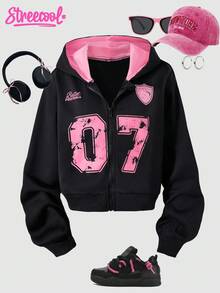 SHEIN Explorewe 秋冬季少女宽松休闲街头撞色卫衣，饰有大号图案印花，适合日常通勤、休闲、度假、与朋友聚会、街头风格、秋季街头服饰。 - 黑色 - 查看 1