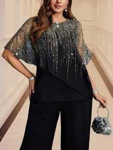 Gownix Plus Size Women Elegant And Romantic Anti-Sequin Printed Top And Wide Leg Pants 2 Pieces Set,Old Money Style Women,Business Casual Woman,Teacher Outfits For Women,Teacher Outfits For Women,Back To School Clothes,Office Outfits For Women,Lounge Sets For Women,Work Clothes Women,Button Up Shirt Women,Teacher Shirts,Work Outfits For Women,Teacher Outfits,Work Pants,Modest,Classy,Work Tops,Set For Wedding Guest,Wedding Guest Set,Wedding Guest Set Elegant,Mother Of The Bride Set,Wedding Guest,Formal Set For Wedding Guest,2025 New,Fall Clothes For Women,Winter Clothes For Women,Fall Clothes Plus Size ,Winter Clothes,Autumn, Winter Outfit For Women,Night Out,Going Out Outfit , Old Money Style Women,Suitable For Multiple Occasions,Halloween, Homecoming,Christmas,Business Casual Woman,Business Casual Outfits Women,Business Casual Woman Curve, Teacher Clothing, Business Commuting,Halloween,Christmas,2025 New - Black - View 3