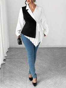 Elenzga Plus Size Women's Contrast Color Pleated Blazer Fall Cloth For Women Autumn - Multicolor - View 5