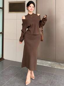 DAZY 女式纯色落肩长袖毛衣和立领无袖针织连衣裙优雅两件套，秋季 - 卡其色 - 查看 3