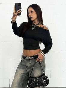 Coolane Damen Herbst Streetwear Musik Festival Vintage Essentials Basic Alltagskleidung Dehnbar Bequem Schwarzes Off-Shoulder Langarm T-Shirt - Schwarz - Übersicht 5