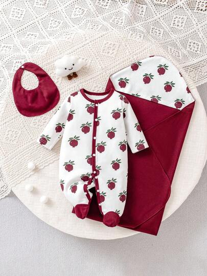 新生儿石榴印花连体衣、围兜和襁褓毯家居用品套装