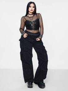 SHEIN Whyspr 加大码性感深色哥特式透明渔网女式上衣