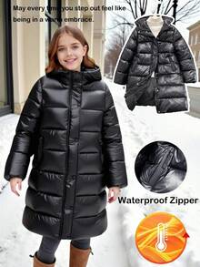 SHEIN 1pc Teen Girl Black Casual Outdoor Solid Color Thickened Hooded Long Jacket With Pockets, Autumn/Winter Fall - Black - View 10