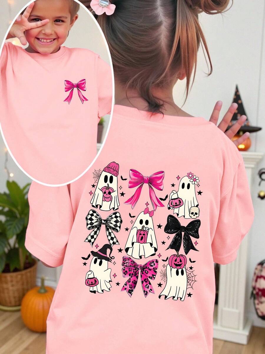 万圣节鬼魂、蝴蝶结、南瓜印花前后T恤，女童和幼儿短袖圆领上衣 - 粉色 - 查看 1