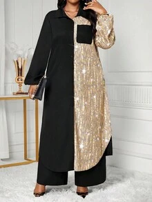 SHEIN Lady Áo sơ mi dệt cổ trụ màu xanh navy, giản dị, thanh lịch, công sở, tay dài, túi hộp, dài tay, cỡ lớn, mùa thu đông - Nhiều màu - Xem 1