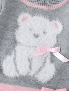 Souflis Souflis 女婴可爱熊纹理针织提花装饰圆领 A 字连衣裙，手工褶皱下摆和蝴蝶结装饰，适合外出、旅行和舒适的日常穿着 - 灰色 - 查看 4