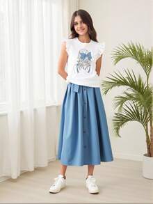 SHEIN Conjunto de falda y blusa estampada para adolescente