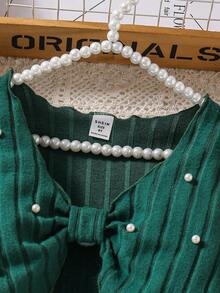 SHEIN 2pcs Tween Girl Spring/Autumn Casual Set, Pearl Decor Long Sleeve Top And A-Line Wrap Dress, Elegant Outdoor Outfit - Dark Green - View 8