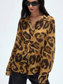 Aveloria GENKIRA 豹纹珍珠雪纺领百搭衬衫，女士休闲百搭长袖衬衫 - 彩色 - 查看 4