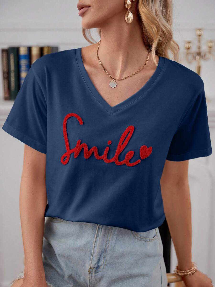SHEIN Cottnline Cotton Heart & Letter Pattern Drop Shoulder Tee , Summer Vacation Top - Royal Blue - View 1