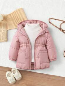 SHEIN Babygirl Cute Versatile Thickened Mid-Length Solid Color Padded Coat, Autumn/Winter Fall - Pink - View 4