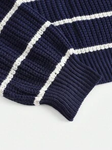 SHEIN 海軍藍與白色條紋基礎休閒圓領套頭衫，寬鬆燈籠袖秋季毛衣，返校季大學風休閒毛衣 - 藏蓝色 - 查看 7
