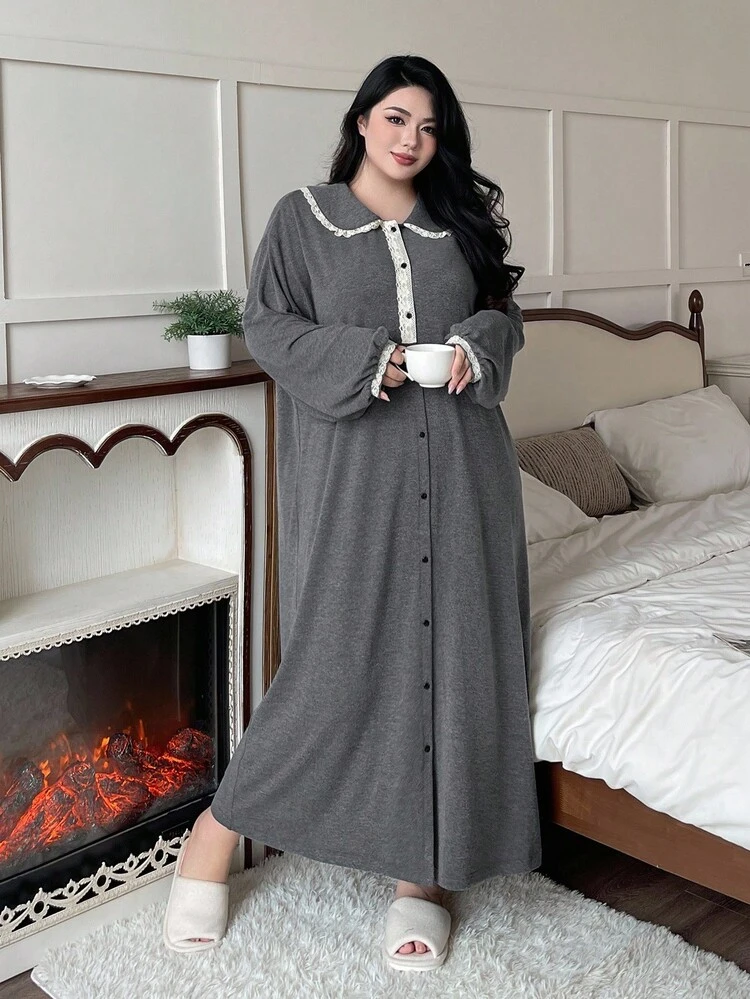 Dazy Plus Plus Size Women Peter Pan Collar Contrast Lace Half Open Front Loose Long Casual Nightgown, Spring/Autumn, For Fall, Winter