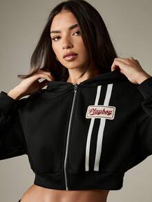 Missguided x Playboy Oversized Cropped Zip Up Hoodie With White Stripe Detail And Logo Patches For Casual Streetwear Style