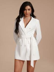 Glamine Women's Elegant Casual Velvet Blazer , Long Sleeve Double-Breasted, Women's Winter Wear, Airport Travel, Warm, Versatile, Business Commute, Daily Casual - White - View 1