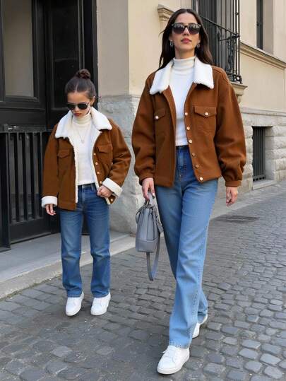 SHEIN 青少年女孩简约时尚棕色纯色纽扣宽松夹克