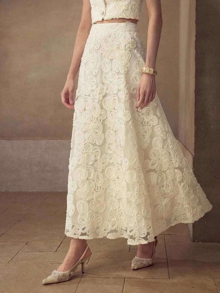 JACQUARD TEXTURED LACE A-LINE SLIMMING LONG SKIRT